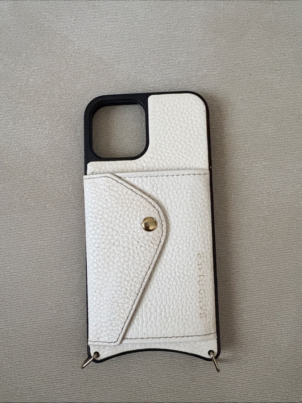 For iPhone 12 Pro Bandolier White Leather Card Pocket Phone Case with Gold Snap
